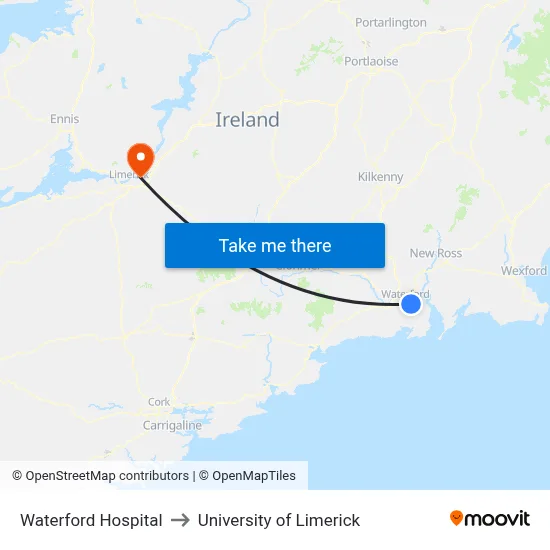Waterford Hospital to University of Limerick map