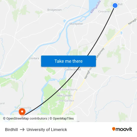Birdhill to University of Limerick map