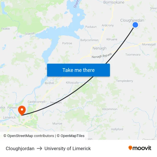 Cloughjordan to University of Limerick map