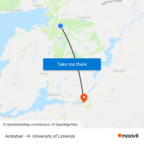 Ardrahan to University of Limerick map