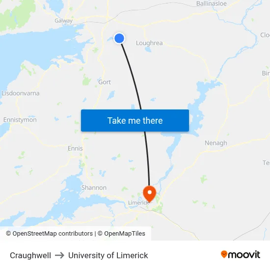 Craughwell to University of Limerick map