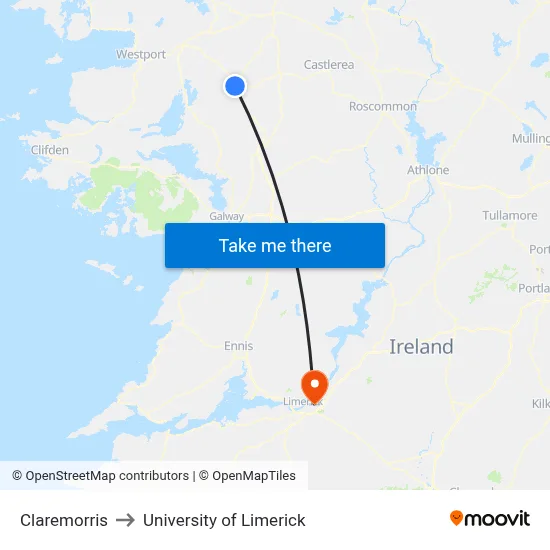 Claremorris to University of Limerick map