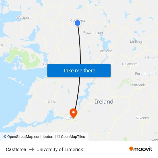 Castlerea to University of Limerick map