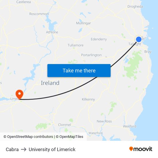 Cabra to University of Limerick map