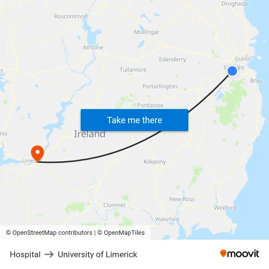 Hospital to University of Limerick map