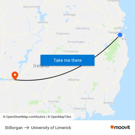 Stillorgan to University of Limerick map