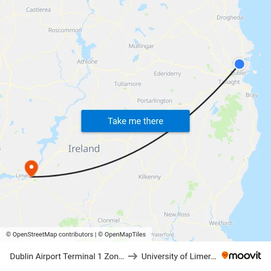 Dublin Airport Terminal 1 Zone 1 to University of Limerick map
