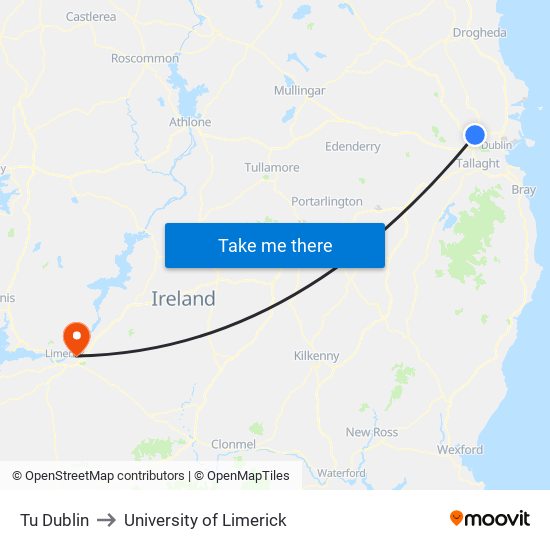 Tu Dublin to University of Limerick map