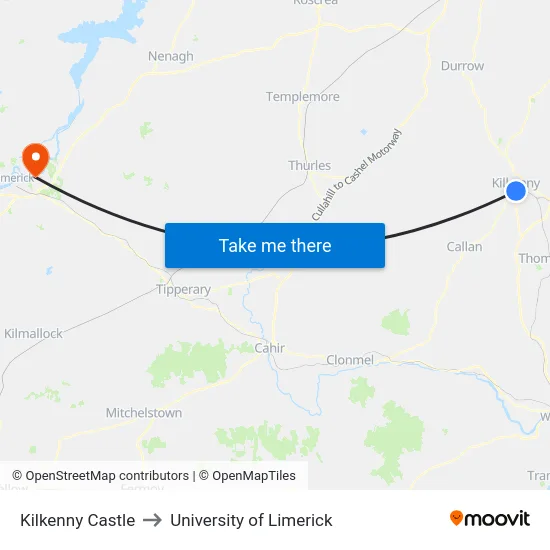 Kilkenny Castle to University of Limerick map