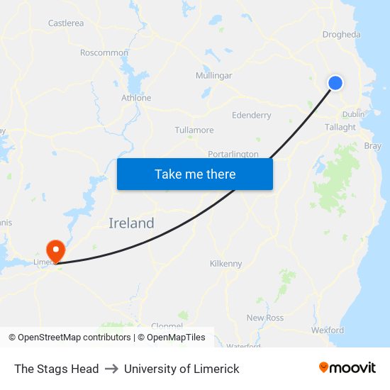 The Stags Head to University of Limerick map