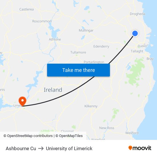 Ashbourne Credit Union to University of Limerick map