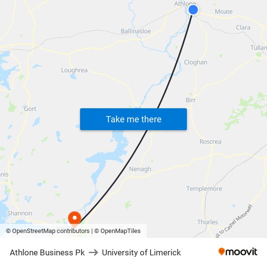 Athlone Business Pk to University of Limerick map