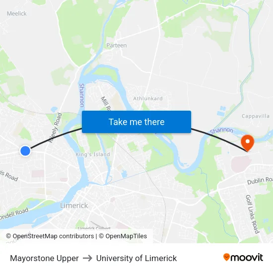 Mayorstone Upper to University of Limerick map