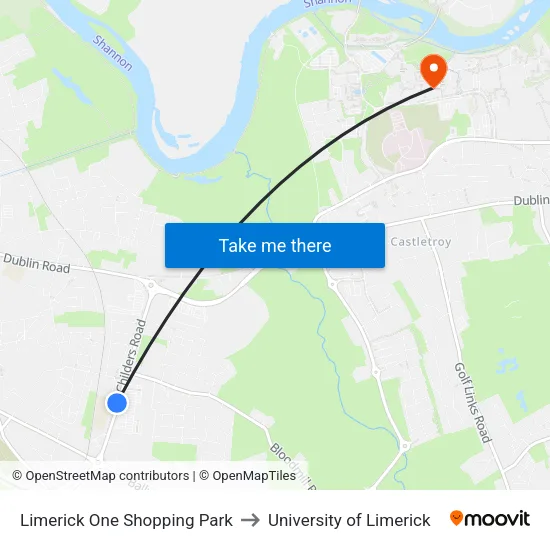 Limerick One Shopping Park to University of Limerick map