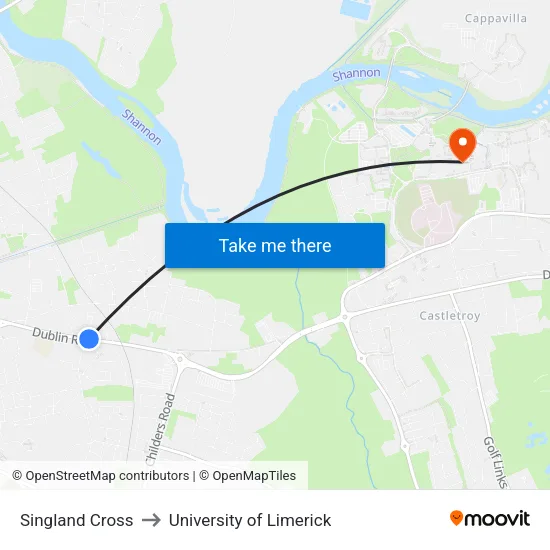 Singland Cross to University of Limerick map