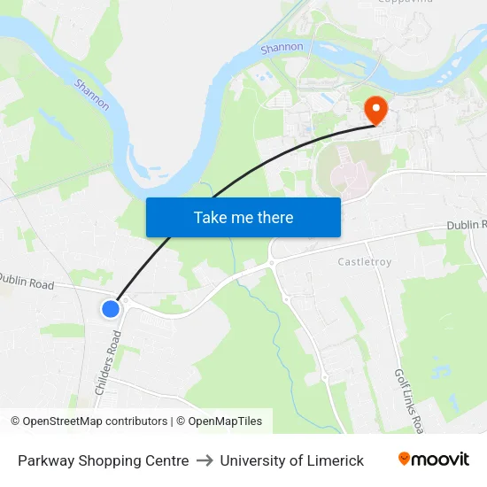 Parkway Shopping Centre to University of Limerick map