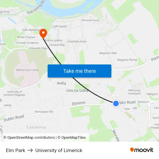 Elm Park to University of Limerick map