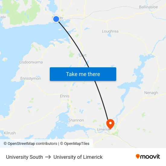 University South to University of Limerick map