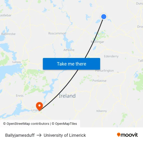 Ballyjamesduff to University of Limerick map