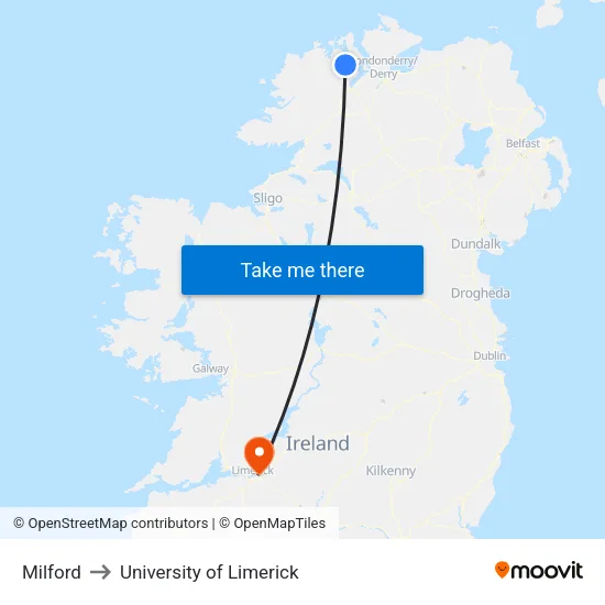 Milford to University of Limerick map