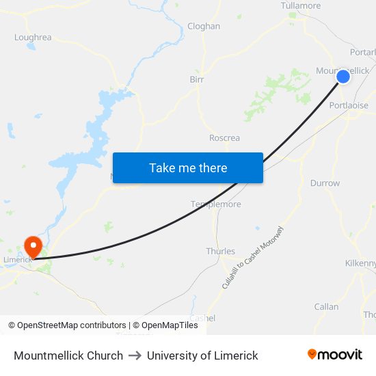 Mountmellick Church to University of Limerick map