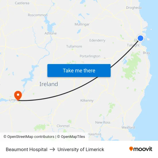 Beaumont Hospital to University of Limerick map