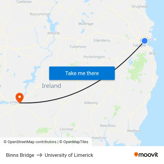 Binns Bridge to University of Limerick map
