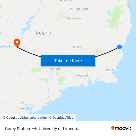 Gorey Station to University of Limerick map