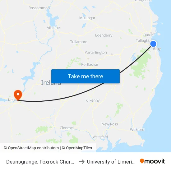 Deansgrange, Foxrock Church to University of Limerick map