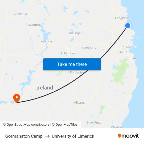 Gormanston Camp to University of Limerick map