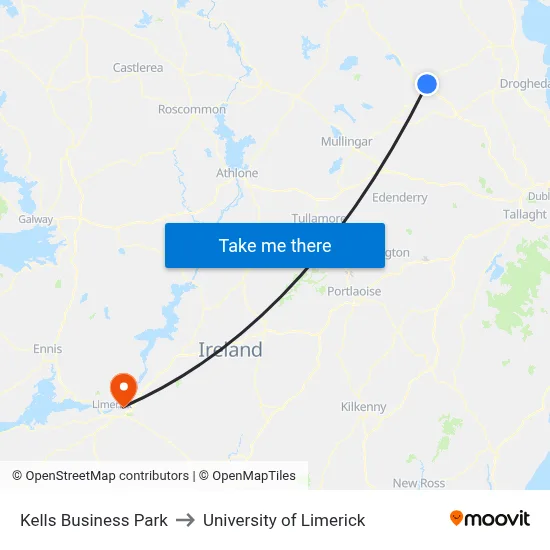 Kells Business Park to University of Limerick map