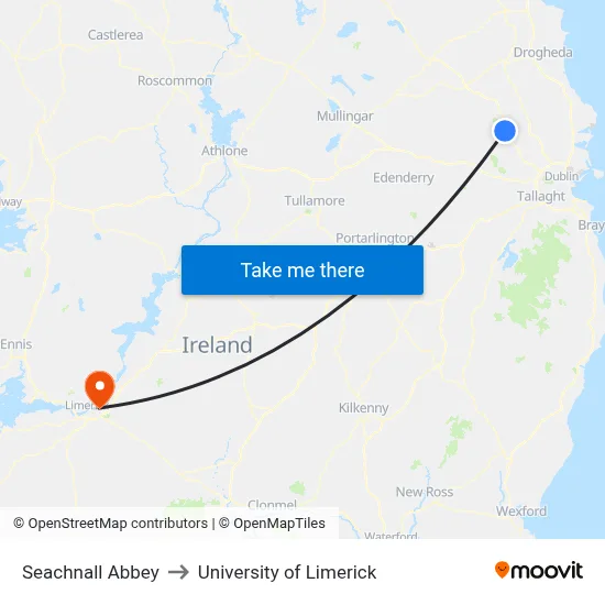 Seachnall Abbey to University of Limerick map