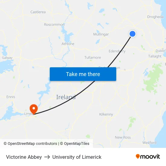 Victorine Abbey to University of Limerick map