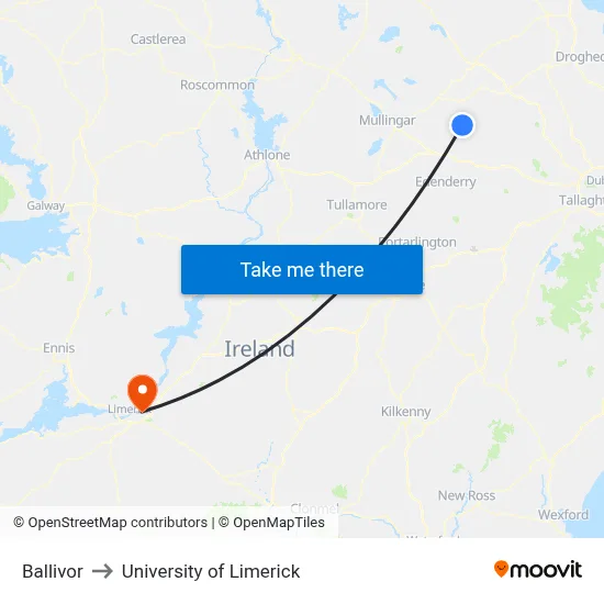 Ballivor to University of Limerick map