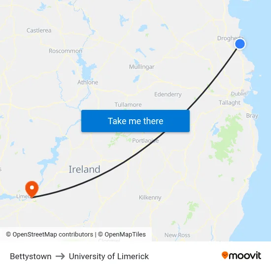 Bettystown to University of Limerick map
