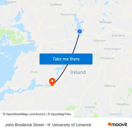 John Broderick Street to University of Limerick map