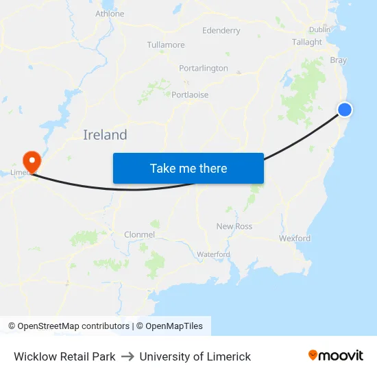 Wicklow Retail Park to University of Limerick map