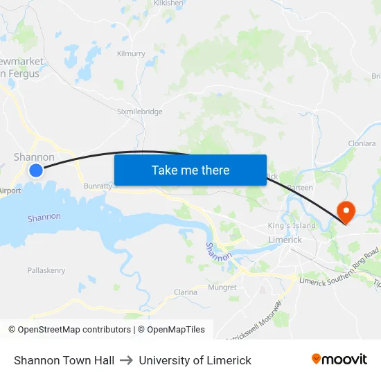 Shannon Town Hall to University of Limerick map