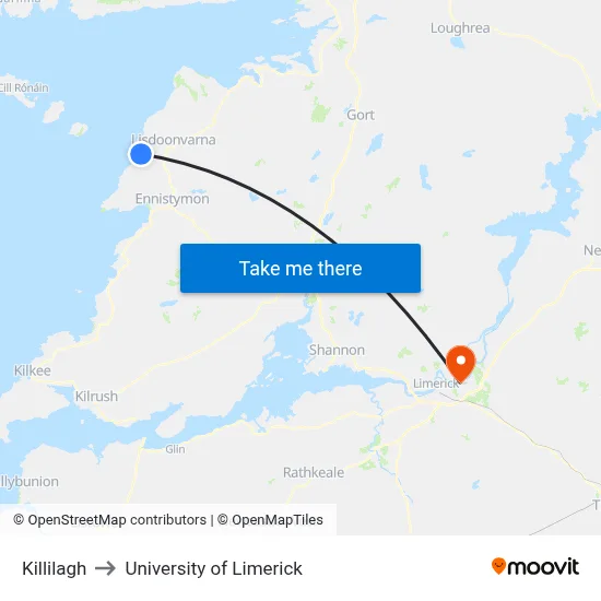 Killilagh to University of Limerick map