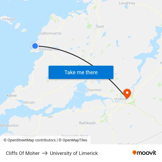 Cliffs Of Moher to University of Limerick map