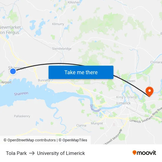 Tola Park to University of Limerick map
