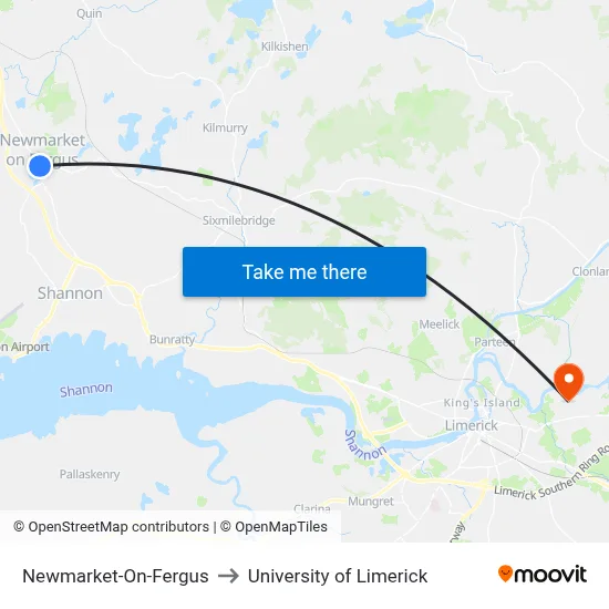 Newmarket-On-Fergus to University of Limerick map