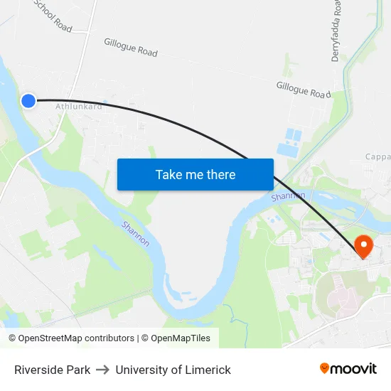 Riverside Park to University of Limerick map