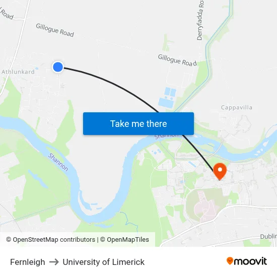 Fernleigh to University of Limerick map