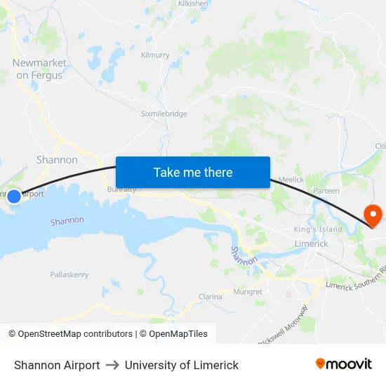 Shannon Airport to University of Limerick map