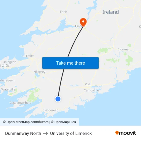 Dunmanway North to University of Limerick map