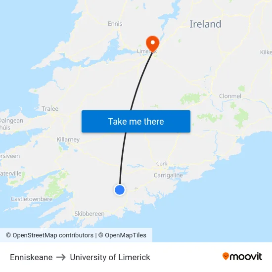 Enniskeane to University of Limerick map
