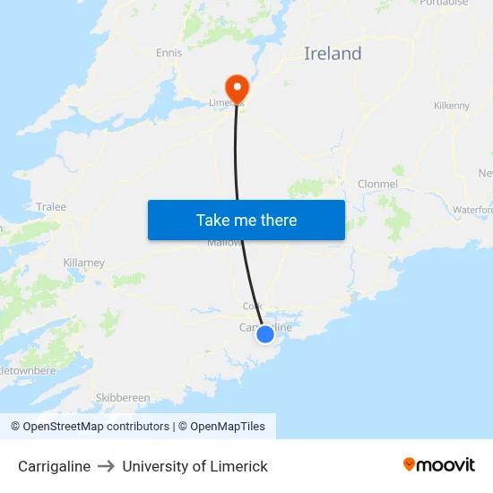 Carrigaline to University of Limerick map
