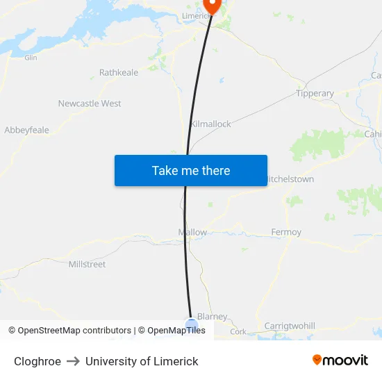Cloghroe to University of Limerick map