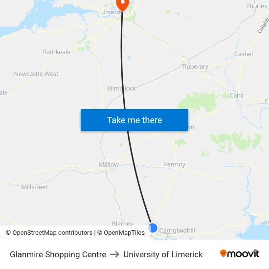 Glanmire Shopping Centre to University of Limerick map